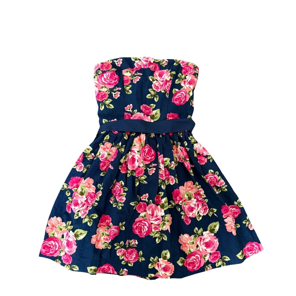 Forever 21 Navy Floral Strapless Fit & Flare Dress Size Small Cotton Rose Print